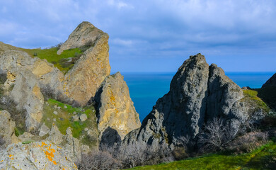 Kara-Dag, colorful volcanic rocks along the Black Sea coast in the national park, Crimea