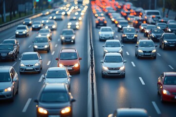 Vehicles stuck in rush hour traffic jam on busy urban highway during evening time