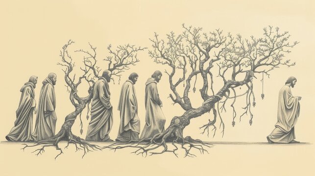 Jesus Teaching Parable of Vine and Branches, Followers as Branches Bearing Fruit, Biblical Illustration, Beige Background, Copyspace