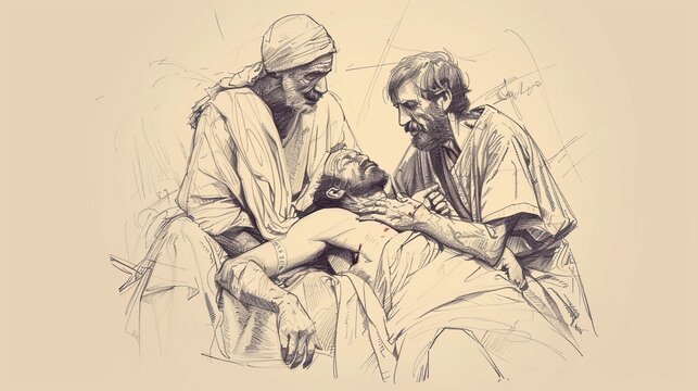 Samaritan Helping Injured Man on Roadside, Biblical Illustration, Beige Background, Copyspace