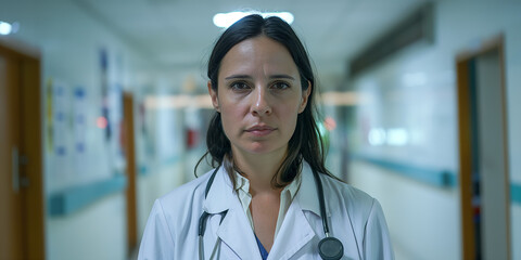Obraz premium A serious female doctor with a stethoscope in a hospital corridor looks at the camera