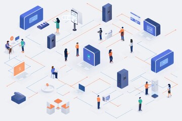 Fototapeta premium Isometric view of a bustling data center, highlighting the complex infrastructure of modern digital communications