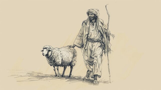 Samaritan Helping Injured Man on Roadside, Biblical Illustration, Beige Background, Copyspace