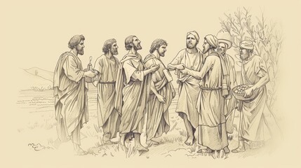 Fototapeta premium Jesus Teaching Parable of Vine and Branches, Followers as Branches Bearing Fruit, Biblical Illustration, Beige Background, Copyspace