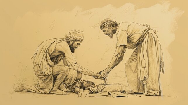 Samaritan Helping Injured Man on Roadside, Biblical Illustration, Beige Background, Copyspace