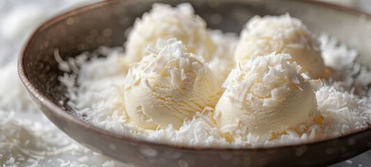 Dessert Ice cream Coconut Creamy from restaurant food photography. Popular Dessert Ice cream with coconut flavor. Dessert Ice cream Coconut Creamy Images texture banner postcard horizontal.