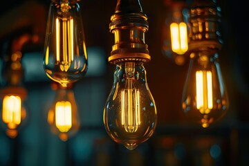 Decorative antique Edison style filament light bulbs glowing in the dark  light