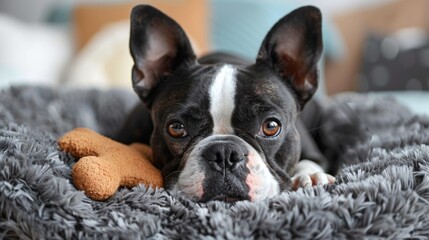a boston terrier is lying on a comfy dog bed with a toy bone, illustrating a cute and adorable pet theme