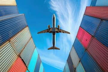 A cargo plane soars through the blue skies, with containers securely stowed in its belly. This swift transport of air freight ensures timely delivery across continents