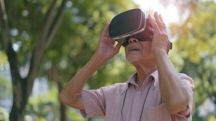 Senior old man using virtual reality headset. VR, future, gadgets, technology concept