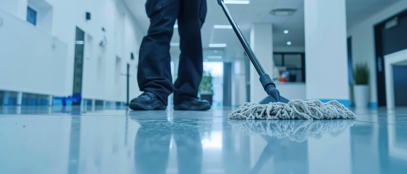 a janitor diligently mops an office floor, with the mop in close-up focus. The cleaner works tirelessly to ensure the floors are spotless and gleaming