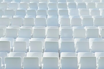Naklejka premium Rows of white tribunes stand empty in an outdoor sport stadium, symbolizing the absence of fans. The concept of a cultural environment is evoked through the symmetry and design of the modern stadium's