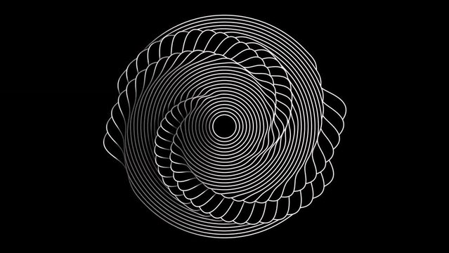 endless looping rotation of circular geometric shape from multiple lines generated from mathematical equation with dark black background