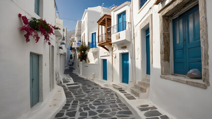 Aegean streets, white building blue doors, Generative AI