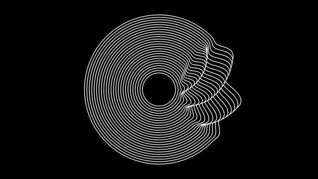 endless looping rotation of circular geometric shape from multiple lines generated from mathematical equation with dark black background