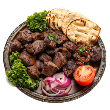 Front view of Ciger Sis with Turkish liver kebap, featuring skewered and grilled liver pieces, isolated on a white transparent background