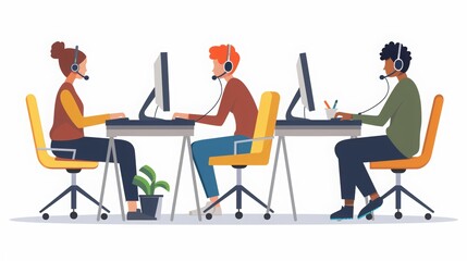 graphic for support web site, semi photorealistic, showing only 3 support personnel, one is female the other 2 are male, all sitting at computers handling support issues