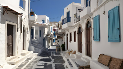 Fototapeta premium Aegean streets, white building blue doors, Generative AI