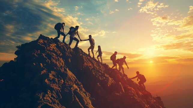 Group of people on peak mountain climbing helping team work , travel trekking success business concept