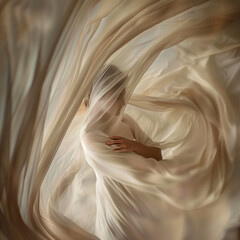 Woman's body wrapped in a flowing fabric, highlighting her natural shape and movement, with a soft, blurred background creating a dreamy effect