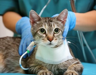 An old sick cat looking with upset face, it is nearly dying, veterinary looking after it