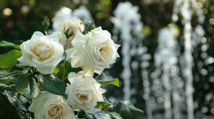 White roses with a backdrop of a fountain