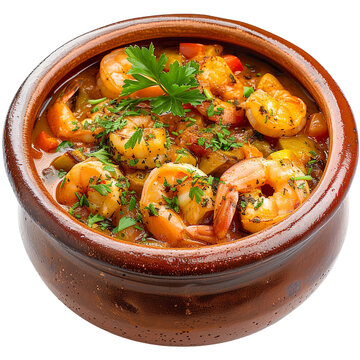 Front view of Karides Guvec with Turkish shrimp casserole, featuring succulent shrimp, vegetables, and herbs, isolated on a white transparent background