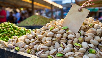 Pistachio with shell in bazaar with empty price banner