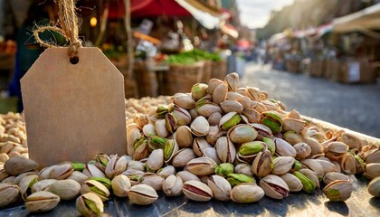 Pistachio with shell in bazaar with empty price banner