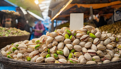 Pistachio with shell in bazaar with empty price banner