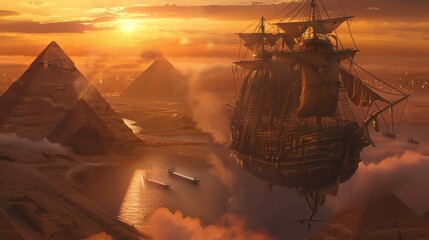 A majestic sailing ship sails past the pyramids at sunset.