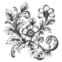 Baroque ornament filigree floral element with engraving style