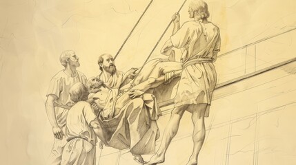 Paralytic Lowered Through Roof to Jesus for Healing, Biblical Illustration, Beige Background, Copyspace