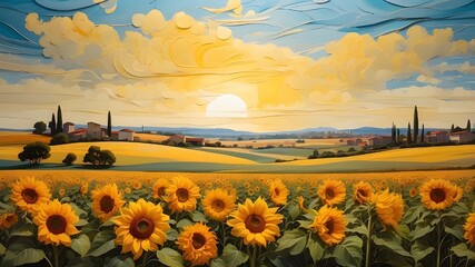 fields of sunflowers, modern artwork, lyrical background scenery,