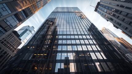 Symmetrical glass-adorned city skyscraper standing proudly on corner in urban skyline
