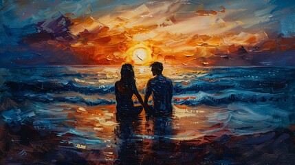 Obraz premium A serene painting of an LGBTQ+ couple sitting together on a peaceful beach at sunset, their hands intertwined, with the phrase love is love subtly etched into the sand, and the waves gently lapping
