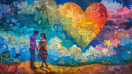 A heartfelt painting depicting LGBTQ+ couples of various backgrounds embracing and holding hands in a vibrant park, with a large rainbow flag in the background and the words love is love subtly