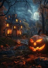 Fototapeta premium Halloween Jack-o'-Lantern in the Forest