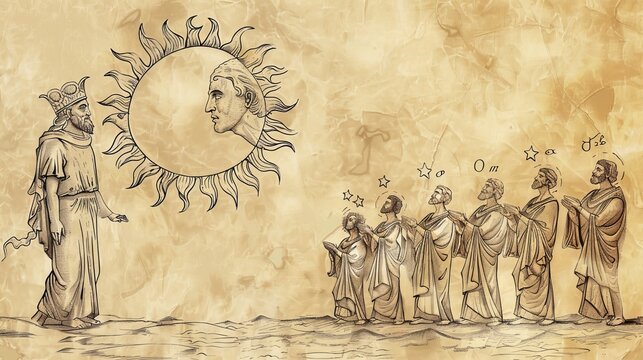 Joseph's Vision, Sun, Moon, Eleven Stars, Biblical Illustration, Beige Background, Copyspace