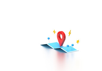 Red path marker, pins on the map. Lightning icons. 3d rendering on the topic of travel, flights, tours, travel companies and navigation. Modern minimal style, transparent background.