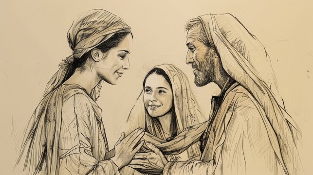 Healing of Jairus&rsquo; Daughter by Jesus, &lsquo;Talitha koum!&rsquo;, Biblical Illustration, Beige Background, Copyspace