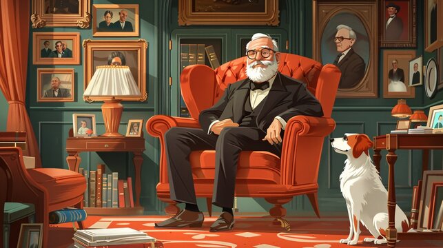A charming cartoon of a godfather character sitting on a grand, ornate chair in a beautifully decorated living room, with family photos on the walls, luxurious furnishings, and a loyal pet dog