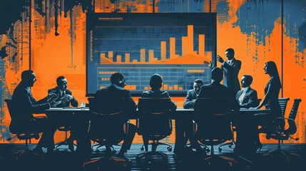 A detailed portrait of office workers fiercely debating around a rectangular table, with some standing and others sitting, hands gesturing wildly, and a large presentation screen displaying a