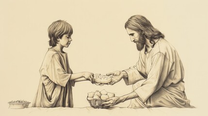 Fototapeta premium Jesus Feeds 5,000, Multiplying Loaves and Fish, Biblical Illustration, Beige Background, Copyspace