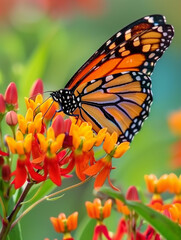 Fototapeta premium Monarch butterfly feeding on vibrant orange and yellow flowers.