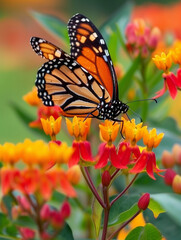 Obraz premium Monarch butterfly resting on vibrant orange and red flowers in a lush garden.