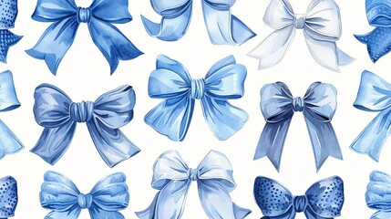 An illustration of various blue and light blue bow knots a water color art on a clean white backdrop for background or printing purpose, Generative AI.