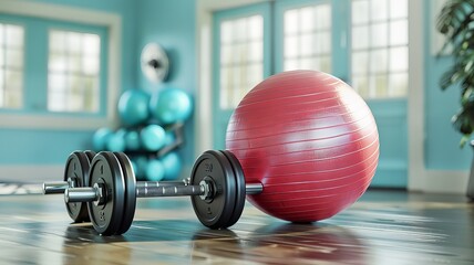 Bright fitness studio with exercise ball and dumbbells on wooden floor, showcasing modern workout equipment and ambient lighting.