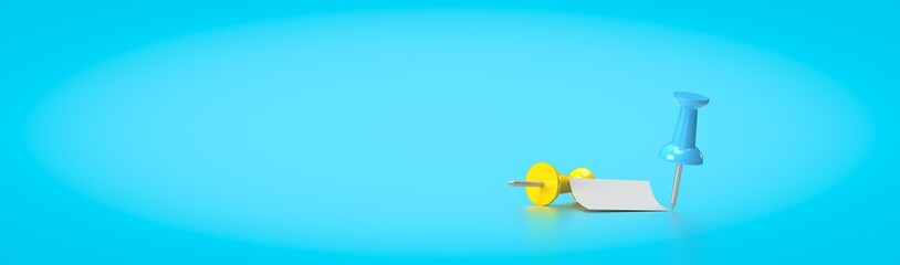 A yellow and blue pin and a paper note. 3d rendering on the topic of business, work, study, university, office. Modern, minimal style. Blue background.