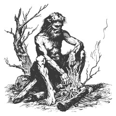 ancient caveman in front bonfire with old engraving style
